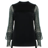 Ellery black satin tailored fit top with latticework sleeves