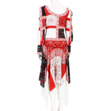 Alexander McQueen patchwork patterned dress in red, black and white with scoop  neckline and trapeze hemline