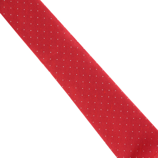 Dunhill woven twill tie in a pin dot pattern Woven raw silk with a natural slub to the fabric red white