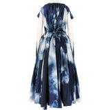 Alexander McQueen blue and white sky cloud pattered off the shoulder full dress
