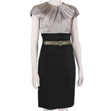 Monique Lhuillier elegant dress in contrasting black and nude blush pink satin