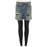 R13 washed Japanese selvedge denim shorts with attached leather leggings
