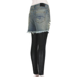 R13 washed Japanese selvedge denim shorts with attached leather leggings