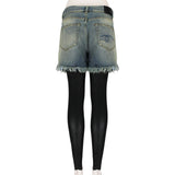 R13 washed Japanese selvedge denim shorts with attached leather leggings