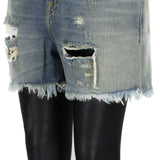 R13 washed Japanese selvedge denim shorts with attached leather leggings