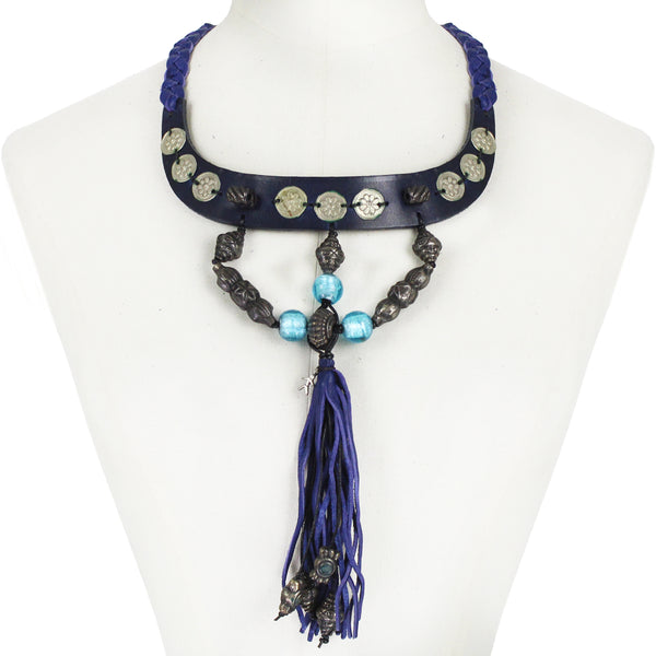 Henry Beguelin indigo and black leather collar necklace with turquoise glass beading and leather tassel pendant