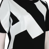 Anthony Vaccarello black white neoprene monogrammed mini dress with silk chiffon side train