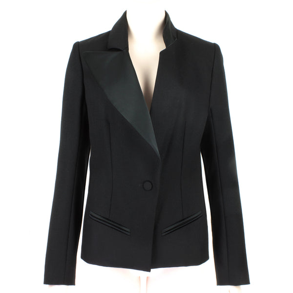 Bouchra Jarrar asymmetric tuxedo style jacket black satin peak lapel