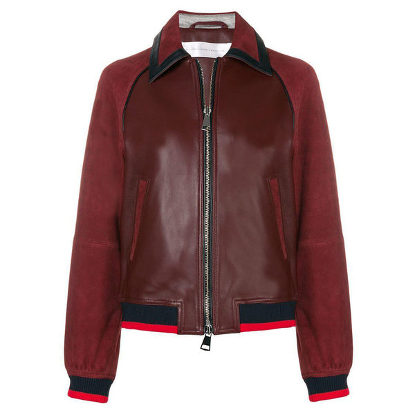Victoria Victoria Beckham claret burgundy garnet red leather and suede bomber varsity jacket
