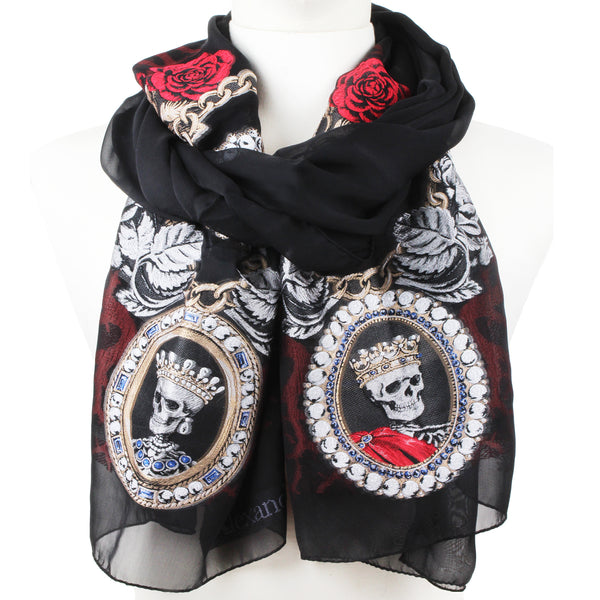 Alexander McQueen sheer silk chiffon scarf Intricate embroidery with skeleton, rose, chain and shell detailing 
