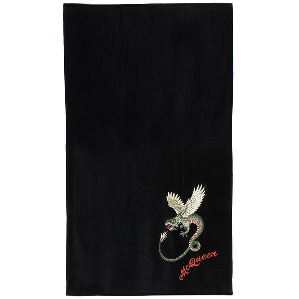 Alexander McQueen black towel bath sheet beach towel with dragon and logo