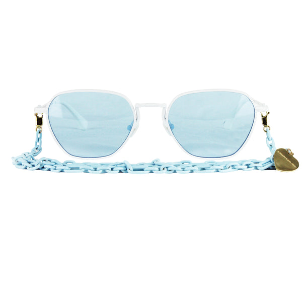 Alessandra Rich rectangular sunglasses Matte satin finished stainless steel frame Category 1 sky blue lenses Detachable sky blue brass chain with a two-tone heart charm Comes with Alessandra Rich soft pouch C7