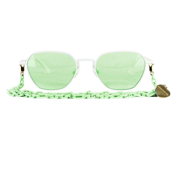 Alessandra Rich rectangular sunglasses Matte satin finished stainless steel frame Category 1 chartreuse green lenses Detachable pale green brass chain with a two-tone heart charm Comes with Alessandra Rich soft pouch C7