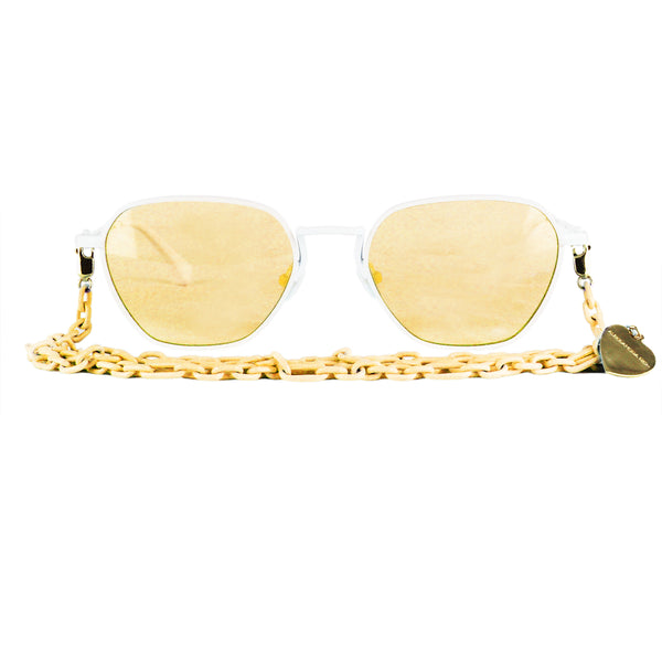 Alessandra Rich rectangular sunglasses Matte satin finished stainless steel frame Category 1 papaya orange lenses Detachable papaya tone brass chain with a two-tone heart charm Comes with Alessandra Rich soft pouch
