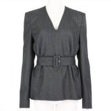 Dries Van Noten tailored grey wool pinstripe top with belt fastening to the waist