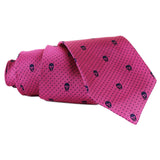 Alexander McQueen silk tie in fuchsia pink and midnight blue skull and dot pattern
