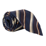 Dries Van Noten silk with in a navy blue, copper and taupe stripe pattern