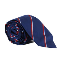 Dunhill twill silk and cotton blend tie in a regimental stripe pattern red white blue