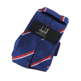 Dunhill twill silk and cotton blend tie in a regimental stripe pattern red white blue