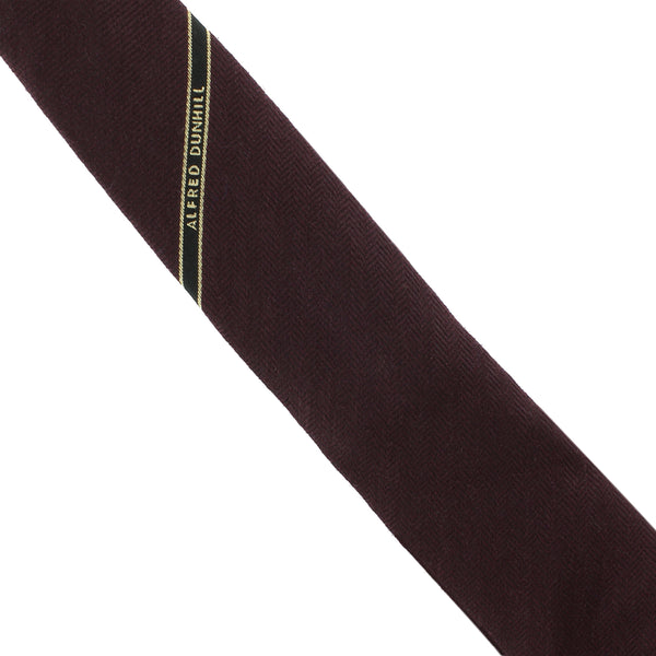 Dunhill selvedge tie in a luxuriously soft wool fabric Striped logo repeat pattern cocoa brown