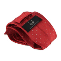 Dunhill woven twill tie in a pin dot pattern Woven raw silk with a natural slub to the fabric red white