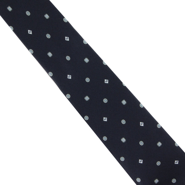 Dunhill monogram and dot patterned tie in mulberry silk midnight navy blue white
