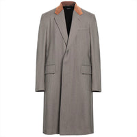 Dunhill coat in an olive grey marl twill wool fabric Notch lapels with an ochra tonę velvet collar