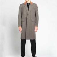 Dunhill coat in an olive grey marl twill wool fabric Notch lapels with an ochra tonę velvet collar