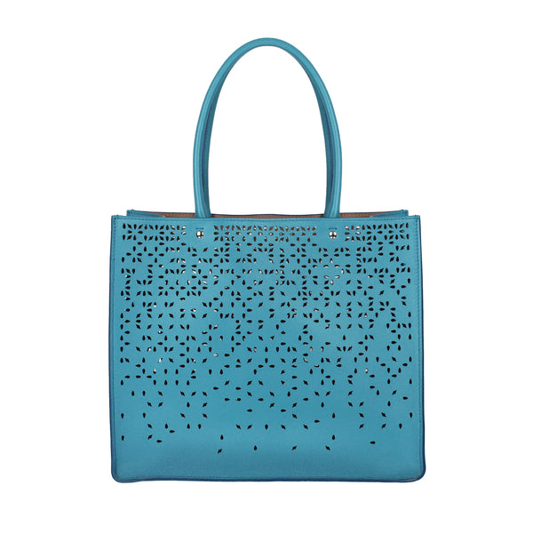 Alaia tote bag in a blue lagoon tone leather