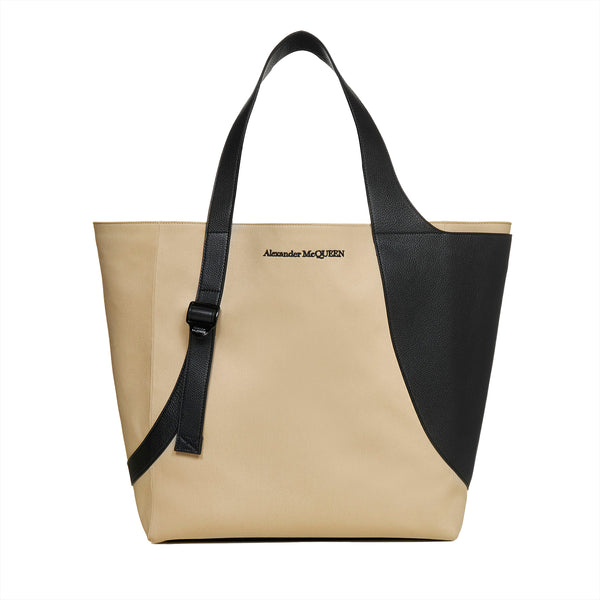 Alexander McQueen tote bag in twill beige canvas and black grained leather