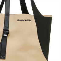 Alexander McQueen tote bag in twill beige canvas and black grained leather