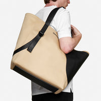 Alexander McQueen tote bag in twill beige canvas and black grained leather