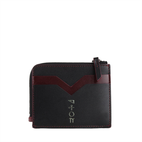 Burgundy Assemblage zipped leather cardholder in black and burgundy