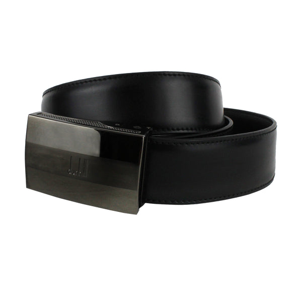 Dunhill black leather belt with automatic buckle engine turn gunmetal