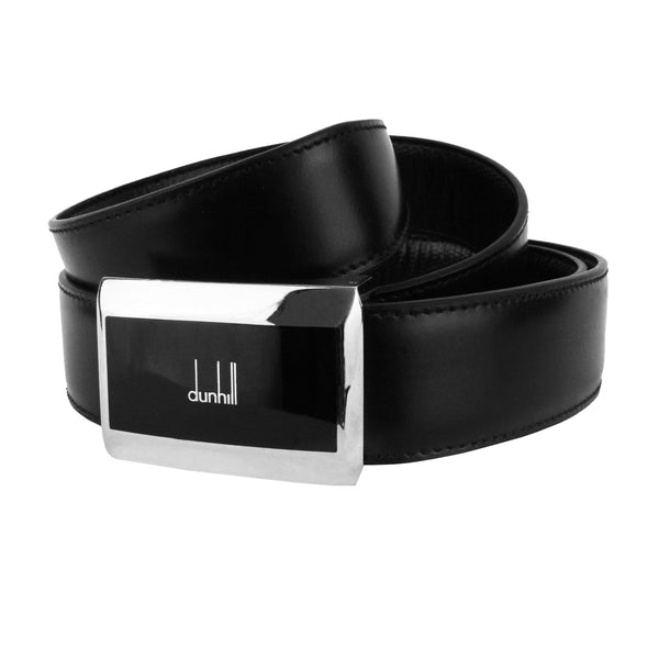 Dunhill black leather belt with pin buckle in silver tone