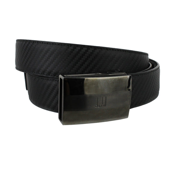 Dunhill black leather belt in a carbon fibre pattern finish