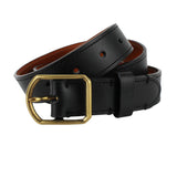 Dunhill black leather belt with rounded brass tone buckle