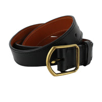 Dunhill black leather belt with rounded brass tone buckle