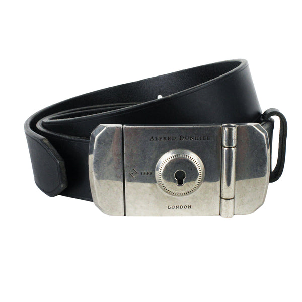 Dunhill black leather belt Keyhole pin lock buckle detailing in an antique tone silver