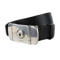 Dunhill black leather belt Keyhole pin lock buckle detailing in an antique tone silver