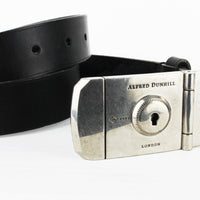 Dunhill black leather belt Keyhole pin lock buckle detailing in an antique tone silver