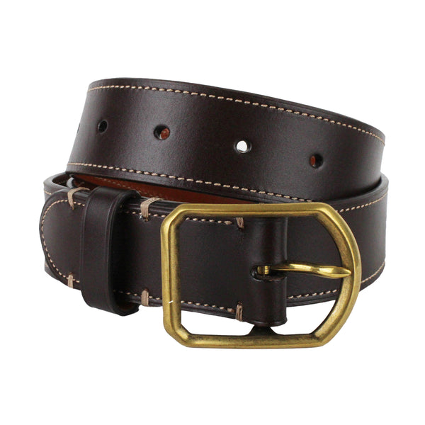 Dunhill dark brown leather belt with rounded brass tone buckle