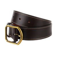 Dunhill dark brown leather belt with rounded brass tone buckle