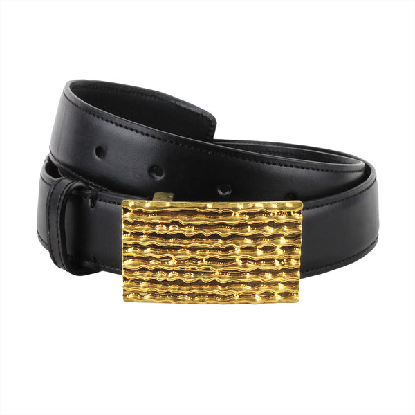 Dunhill black leather belt with textured tarnish finish gold tone buckle fastening
