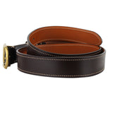 Dunhill dark brown leather belt with rounded brass tone buckle