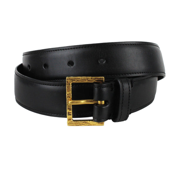Dunhill black leather belt Rectangular buckle in a textured antique brass tone