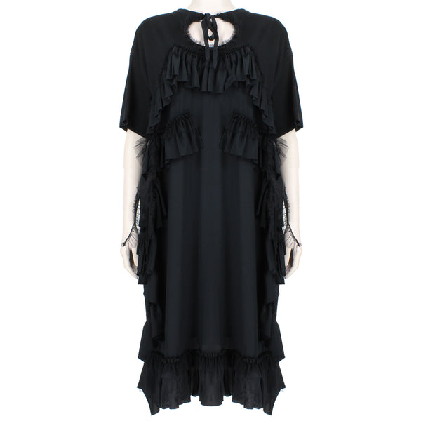 Simone Rocha tunic dress in luxurious black cotton jersey
Signature ruched detailing in satin and sheer mesh to the front