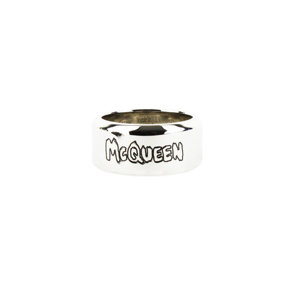 Alexander McQueen mirrored silver tone ring with graffiti engraved logo