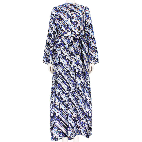 Dice Kayek maxi dress in a blue and white marbled pattern silk satin