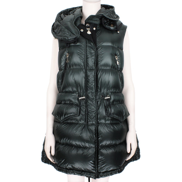 Moncler sleeveless long down jacket in a dark green tone